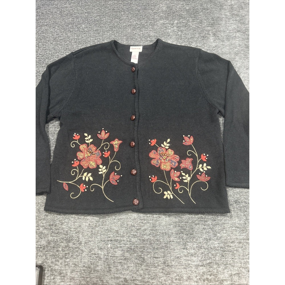 Crystal Kobe Sweater Womens Size L Button Up Black Beaded Floral Grannycore